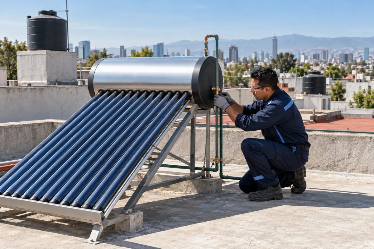 Técnico trabajando con un calentador solar