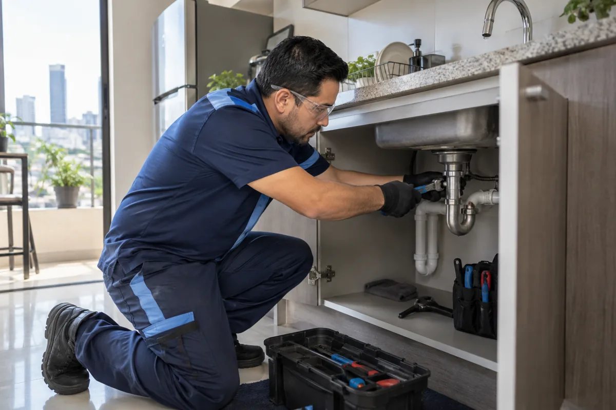 Plomero profesional reparando una instalación
